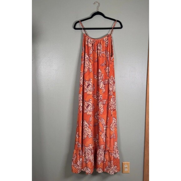 True Destinations Womens Orange Floral Tropical Maxi Dress Resort Wear Size L - Picture 1 of 8